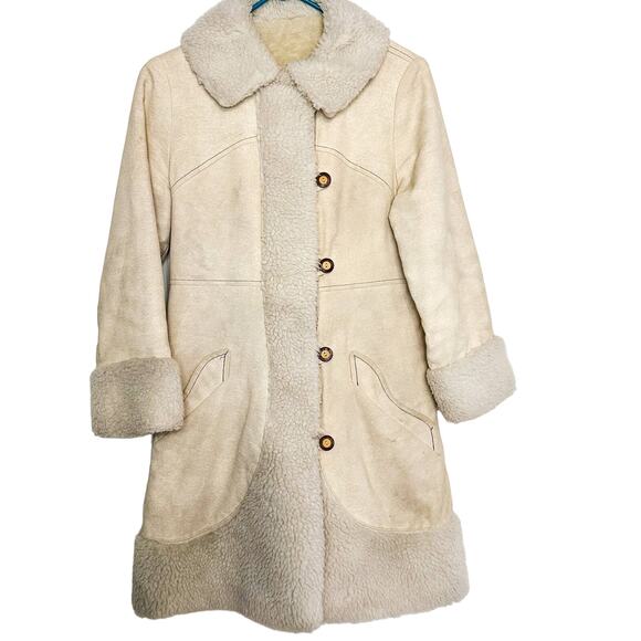 Vintage Jackets & Blazers - Vintage Leather Coat Shearling Lined with Toggle Buttons Cream